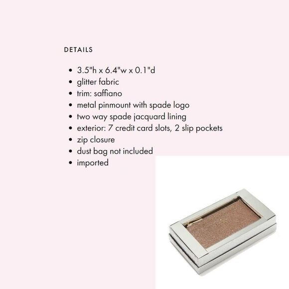 Kate Spade Wallet Tinsel Boxed Large Slim Card Holder in Glitter, Rose Gold - Picture 8 of 14
